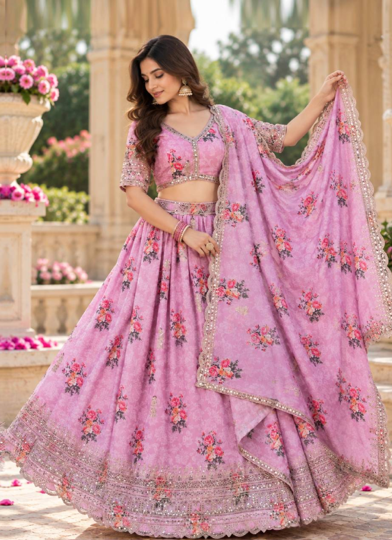 Heavy Embroidered Pink Georgette Digital Printed Lehenga For Women