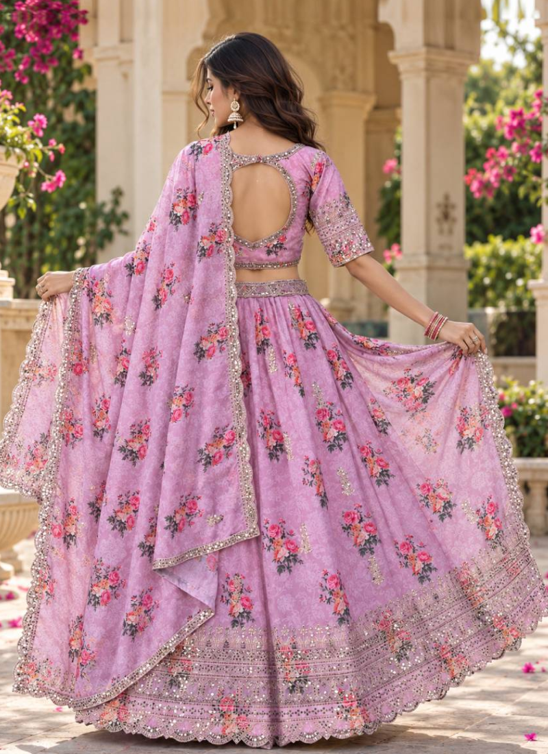 Heavy Embroidered Pink Georgette Digital Printed Lehenga For Women