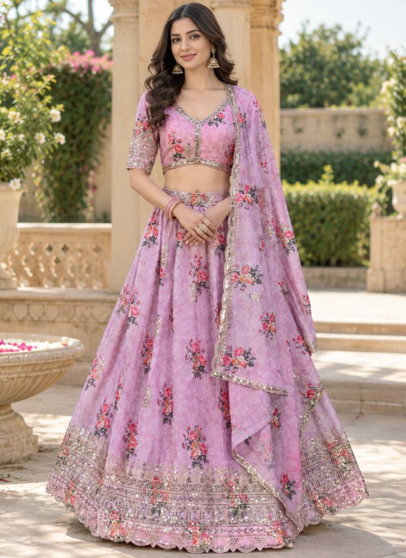 Heavy Embroidered Pink Georgette Digital Printed Lehenga For Women