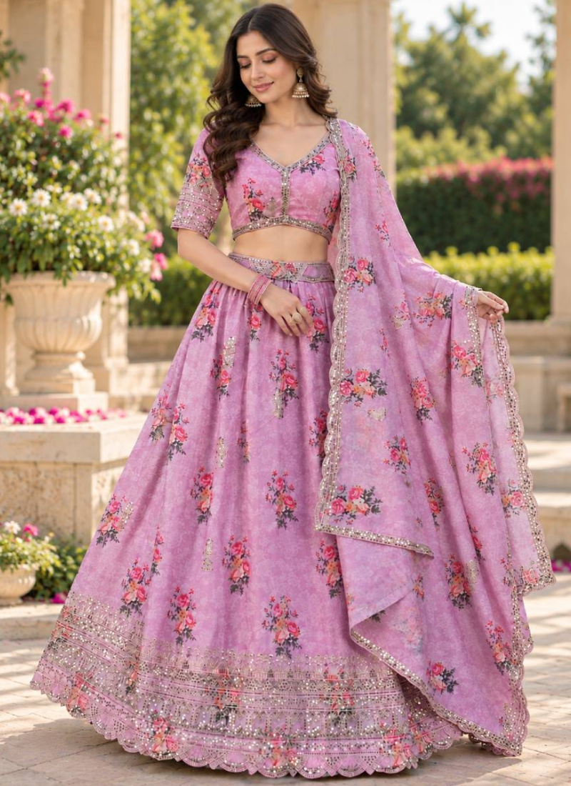 Heavy Embroidered Pink Georgette Digital Printed Lehenga For Women