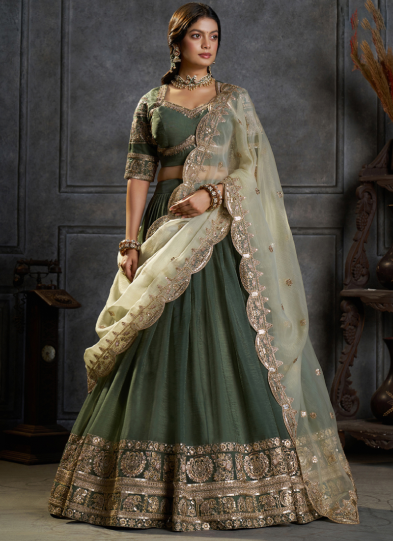 Heavy Embroidered Pure Organza Gorgeous Green lehenga Choli Set