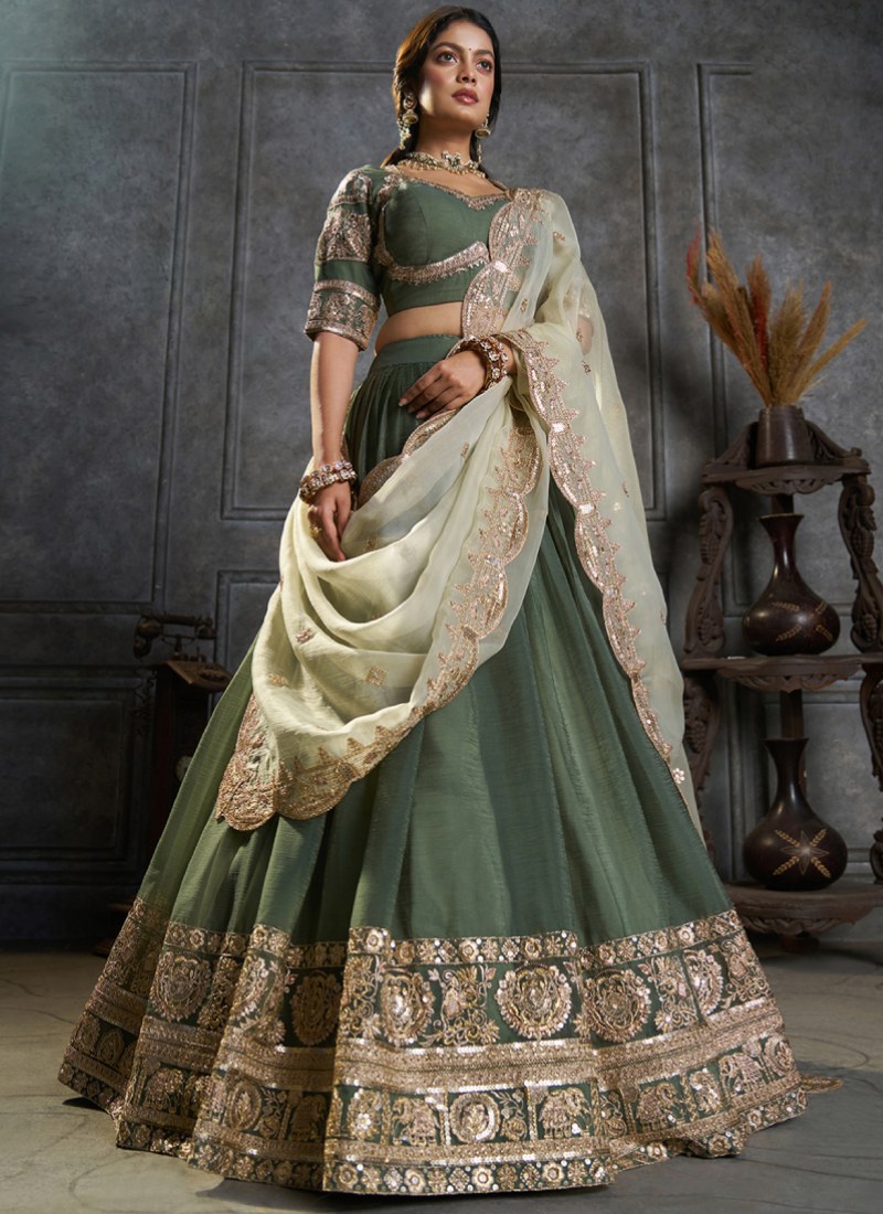 Heavy Embroidered Pure Organza Gorgeous Green lehenga Choli Set