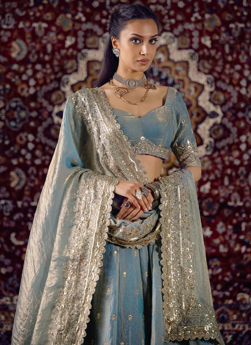 Heavy Embroidered Silk Sky Blue Lehenga Choli With Dupatta