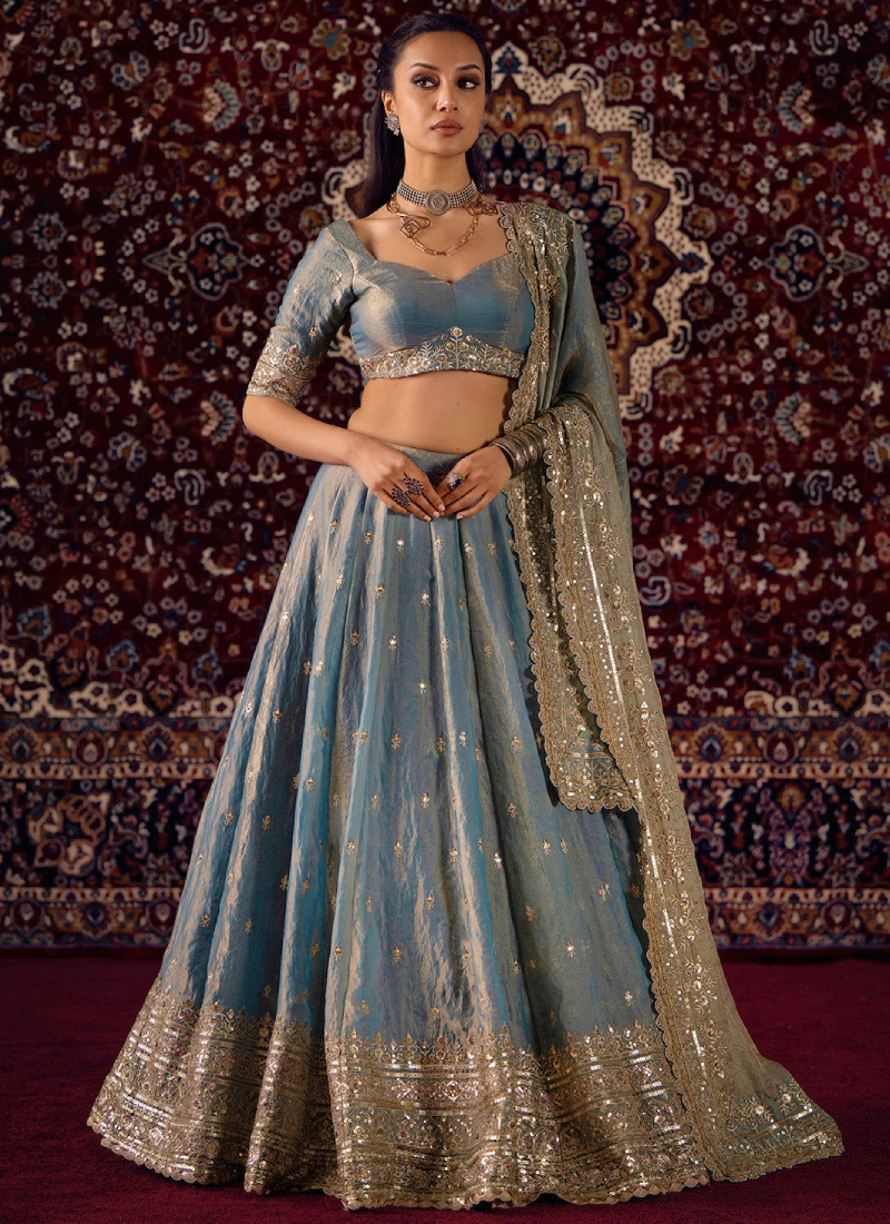 Heavy Embroidered Silk Sky Blue Lehenga Choli With Dupatta