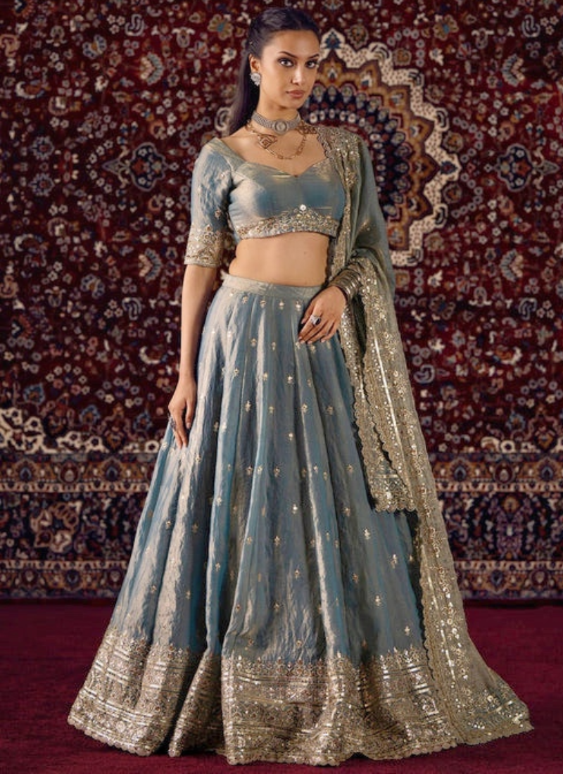 Heavy Embroidered Silk Sky Blue Lehenga Choli With Dupatta