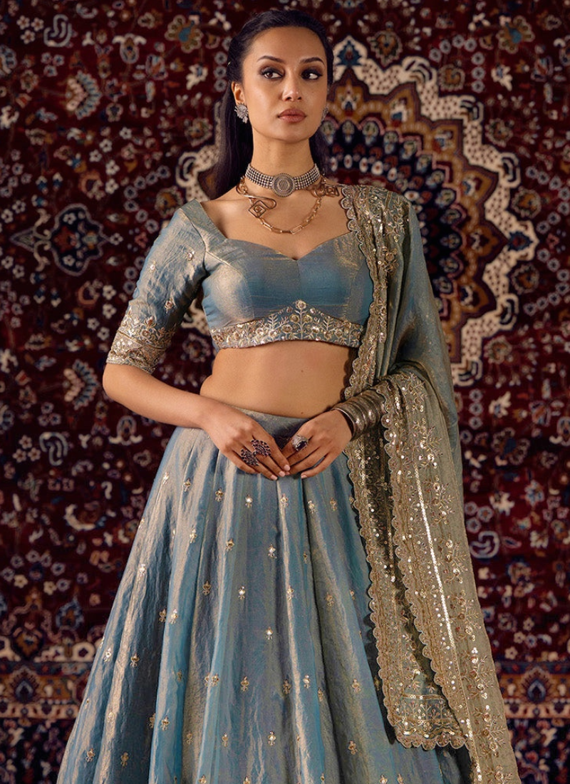 Heavy Embroidered Silk Sky Blue Lehenga Choli With Dupatta