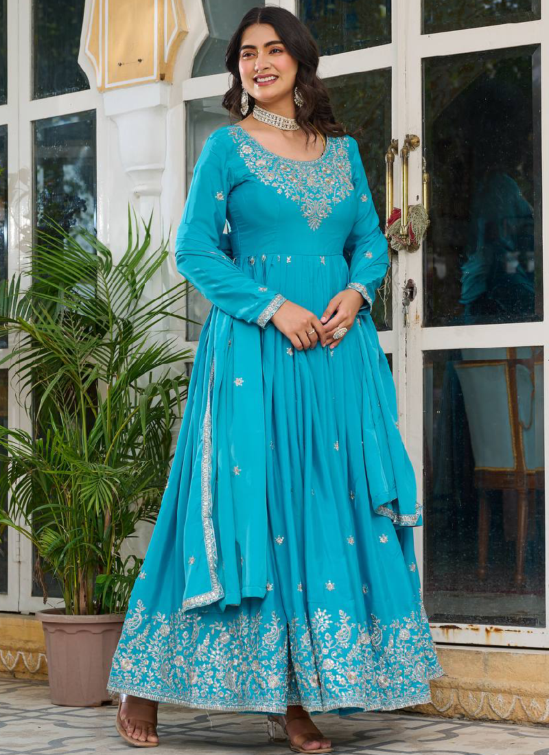 Heavy Embroidered Sky Blue American Silk Designer Anarkali Gown