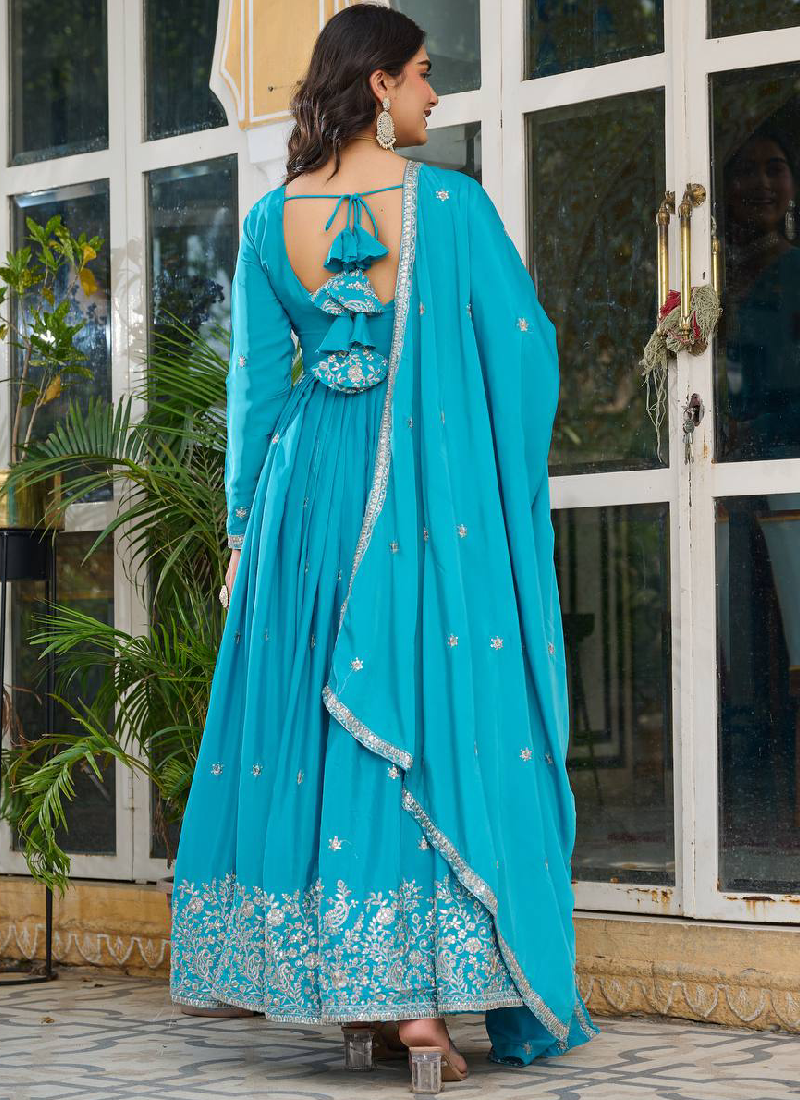 Heavy Embroidered Sky Blue American Silk Designer Anarkali Gown