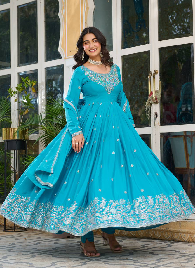 Heavy Embroidered Sky Blue American Silk Designer Anarkali Gown
