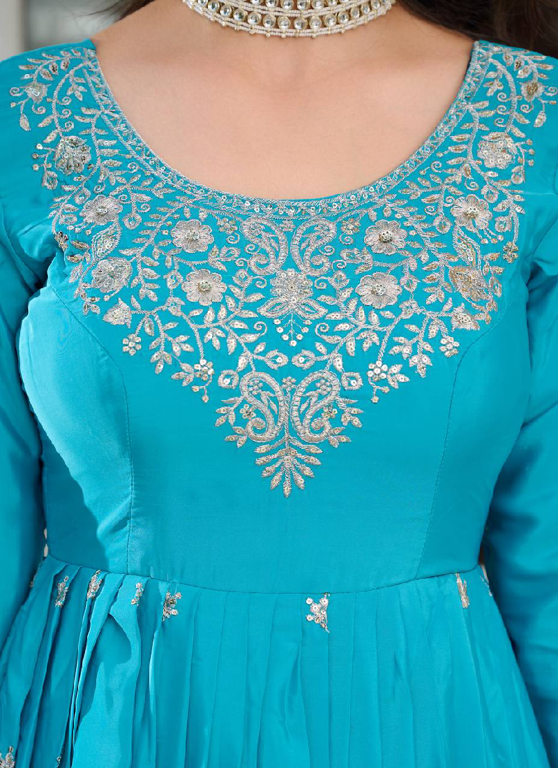 Heavy Embroidered Sky Blue American Silk Designer Anarkali Gown