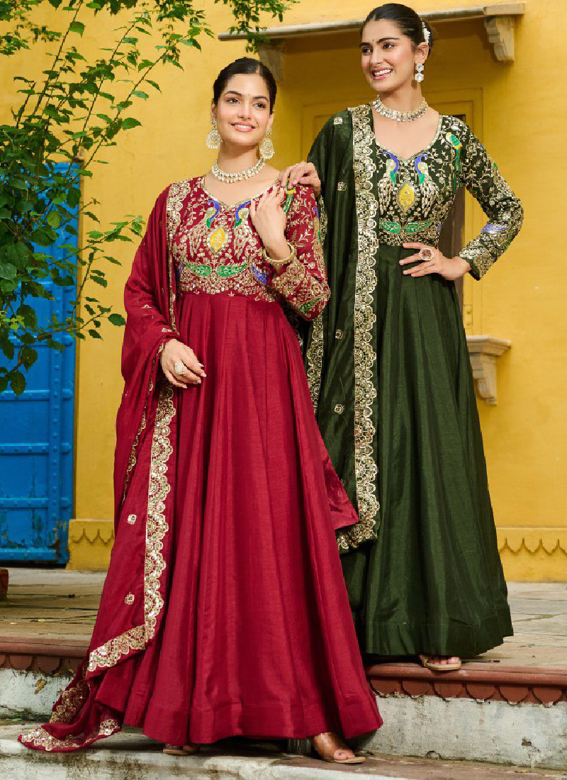 Heavy Embroidered Vichitra Silk Ready To Wear Maroon Gown With Dupatta
