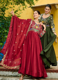 Heavy Embroidered Vichitra Silk Ready To Wear Maroon Gown With Dupatta