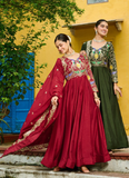 Heavy Embroidered Vichitra Silk Ready To Wear Maroon Gown With Dupatta