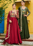 Heavy Embroidered Vichitra Silk Ready To Wear Maroon Gown With Dupatta