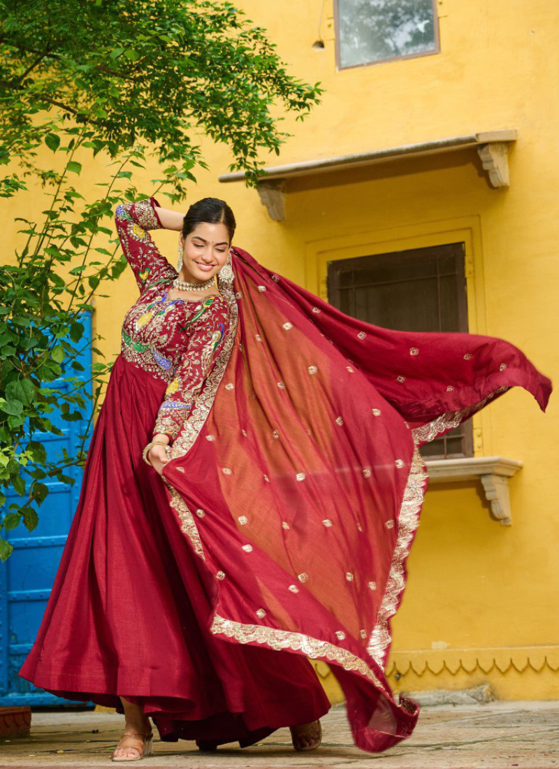 Heavy Embroidered Vichitra Silk Ready To Wear Maroon Gown With Dupatta