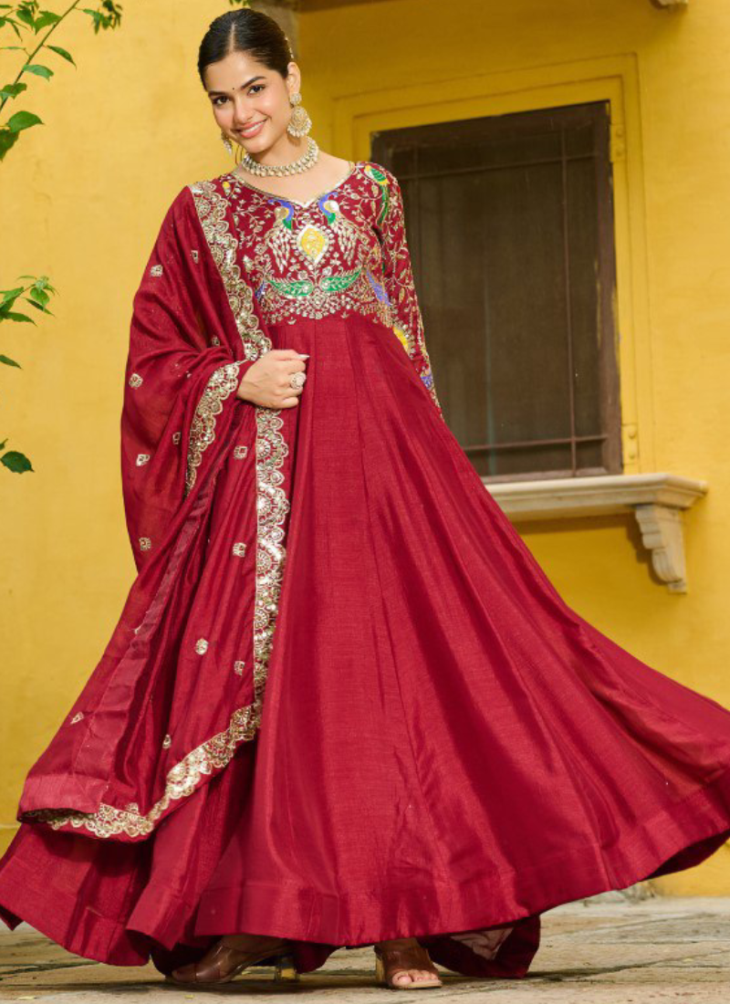 Heavy Embroidered Vichitra Silk Ready To Wear Maroon Gown With Dupatta