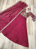 Heavy Embroidered Vichitra Silk Ready To Wear Maroon Gown With Dupatta