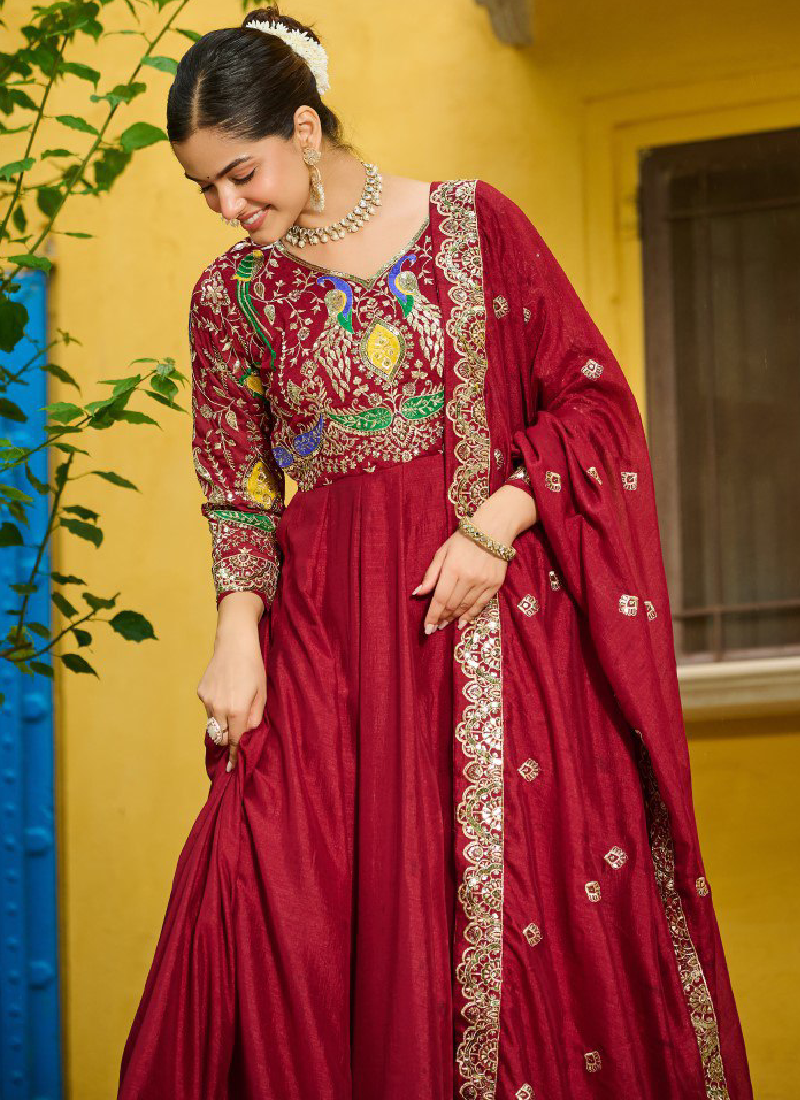 Heavy Embroidered Vichitra Silk Ready To Wear Maroon Gown With Dupatta