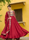 Heavy Embroidered Vichitra Silk Ready To Wear Maroon Gown With Dupatta
