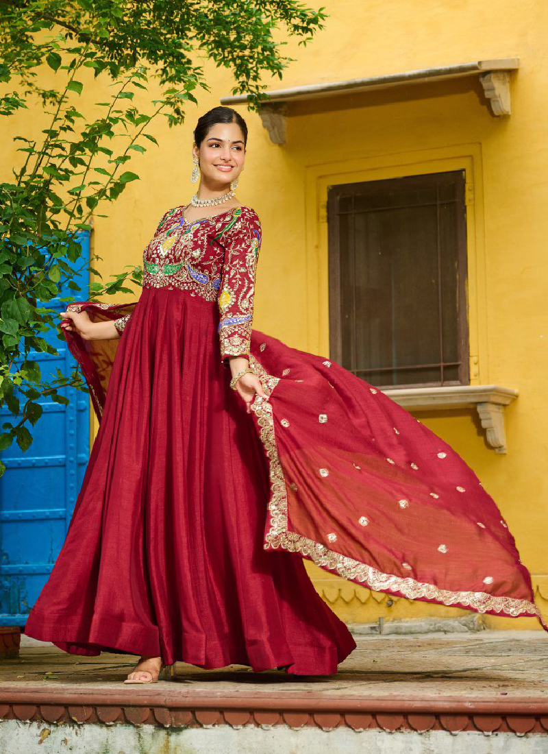 Heavy Embroidered Vichitra Silk Ready To Wear Maroon Gown With Dupatta