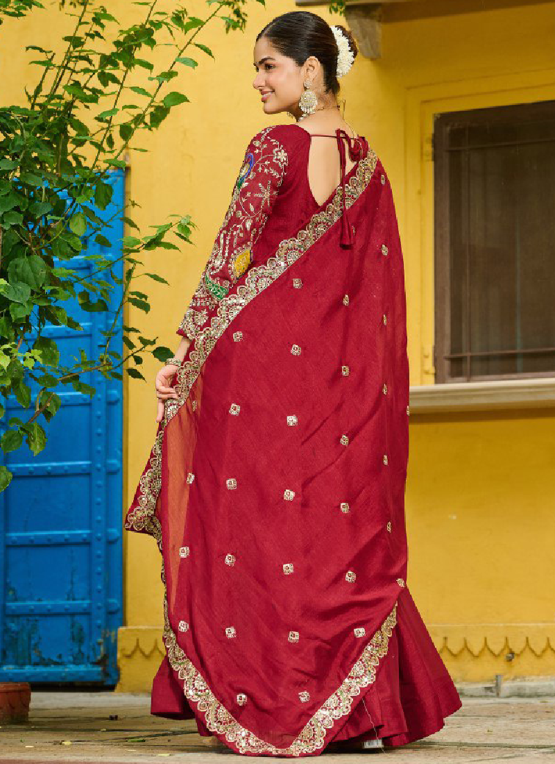 Heavy Embroidered Vichitra Silk Ready To Wear Maroon Gown With Dupatta
