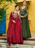 Heavy Embroidered Vichitra Silk Ready To Wear Maroon Gown With Dupatta