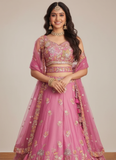 Heavy Embroidered Wedding Wear Bridesmaid Pink Organza Lehenga Choli