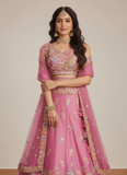 Heavy Embroidered Wedding Wear Bridesmaid Pink Organza Lehenga Choli