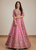 Heavy Embroidered Wedding Wear Bridesmaid Pink Organza Lehenga Choli