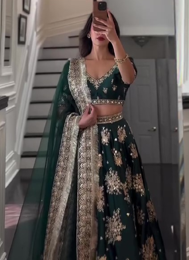 Heavy Embroidered Work Japan Satin Green Bridal Lehenga Choli
