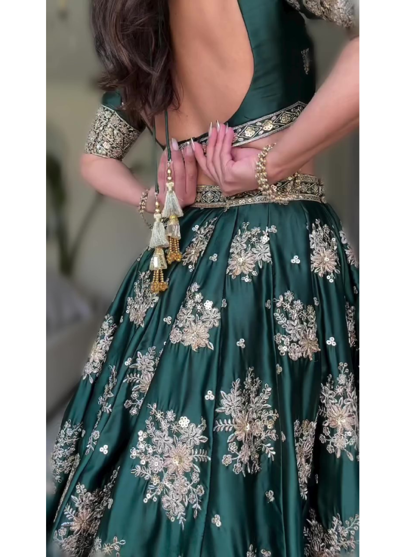 Heavy Embroidered Work Japan Satin Green Bridal Lehenga Choli