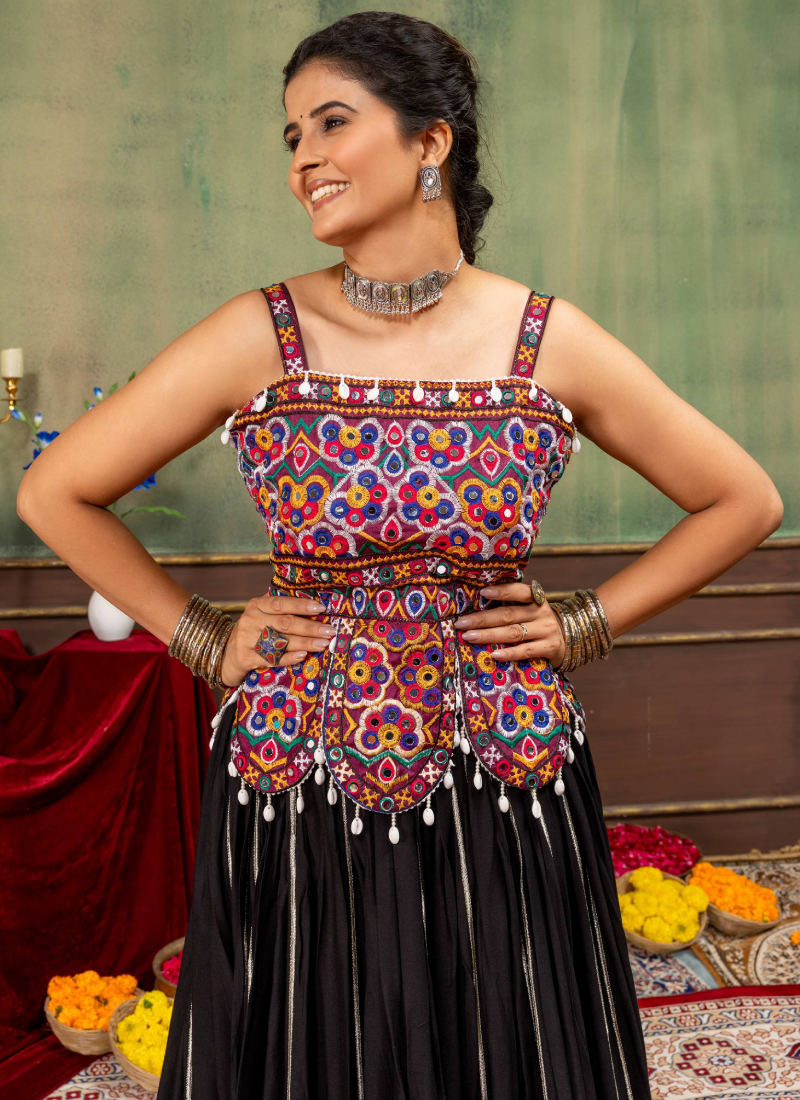 Heavy Embroidery Black Rayon With Fancy Border Navratri Lehenga Choli