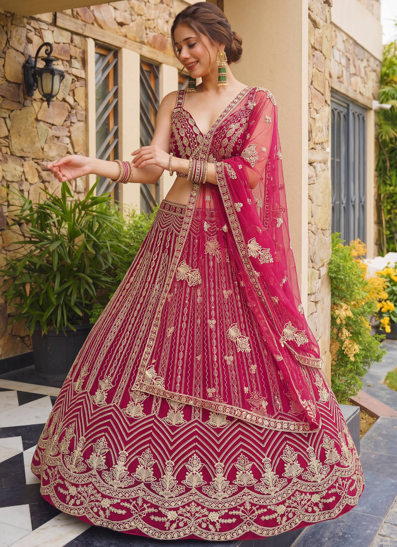 Heavy Embroidery Sequence Coding Pretty Pink Net Semi Stitched Lehenga