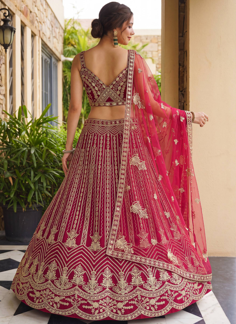 Heavy Embroidery Sequence Coding Pretty Pink Net Semi Stitched Lehenga