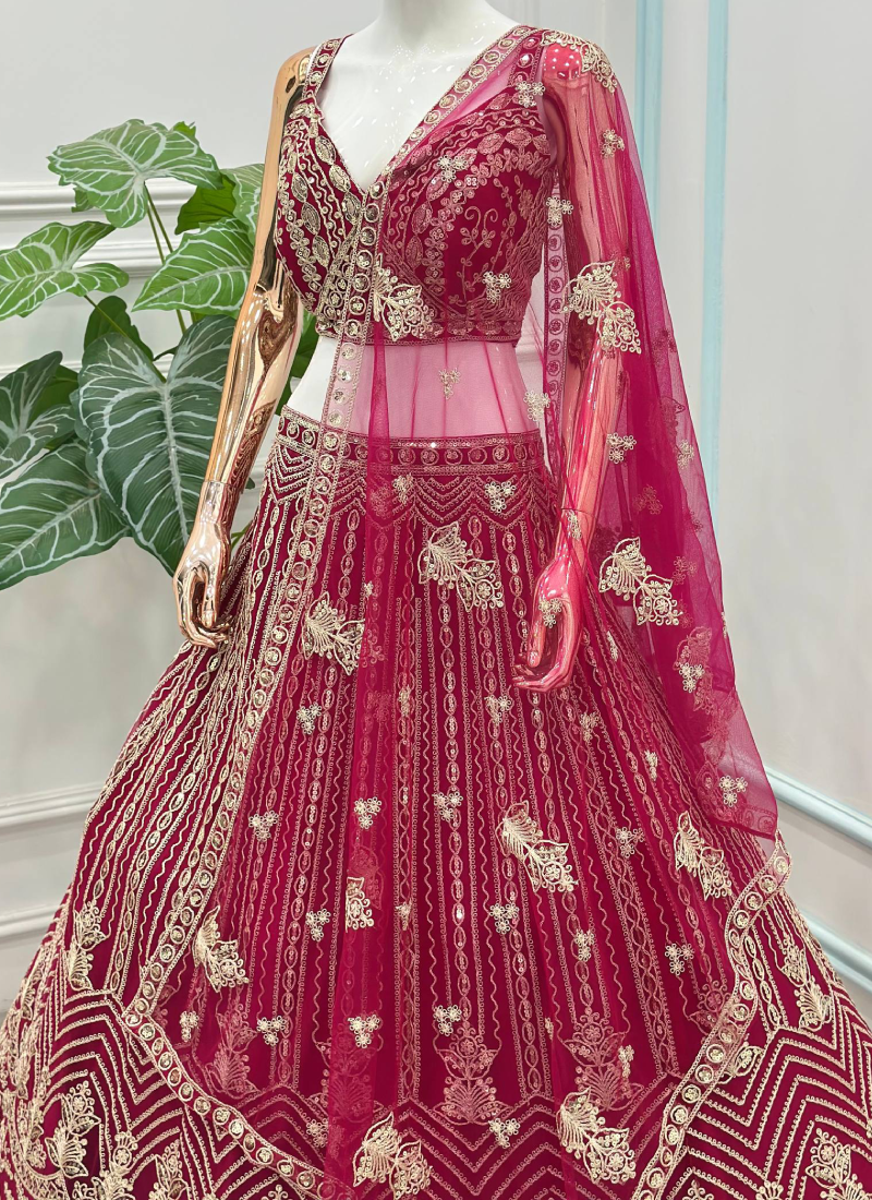 Heavy Embroidery Sequence Coding Pretty Pink Net Semi Stitched Lehenga