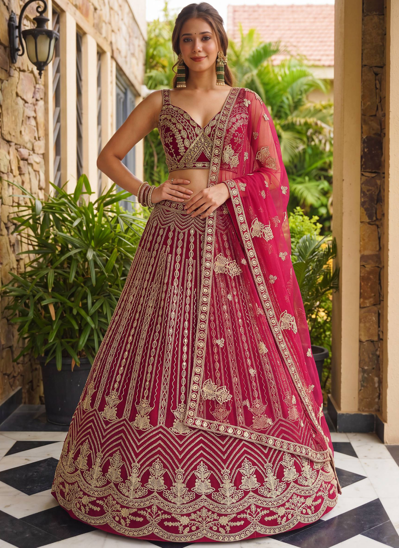 Heavy Embroidery Sequence Coding Pretty Pink Net Semi Stitched Lehenga