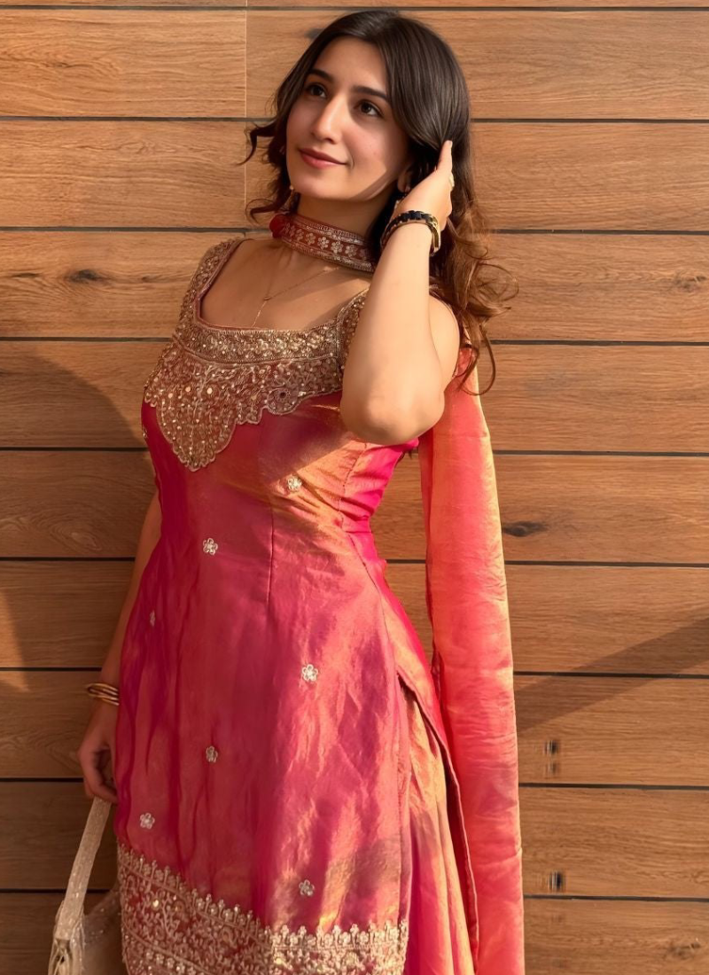 Heavy Fandy Silk Pink sequence Embroiderd Sharara Set For Women