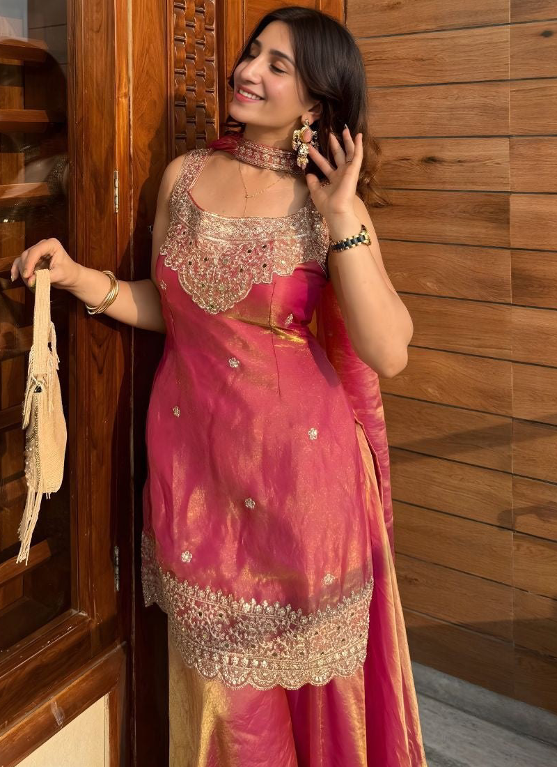 Heavy Fandy Silk Pink sequence Embroiderd Sharara Set For Women