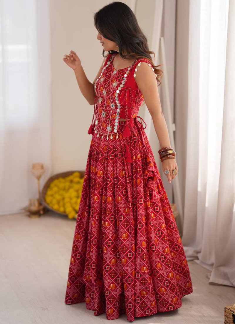 Heavy Rayon Digital Printed Red Mirror Embroidered Navratri Lehenga