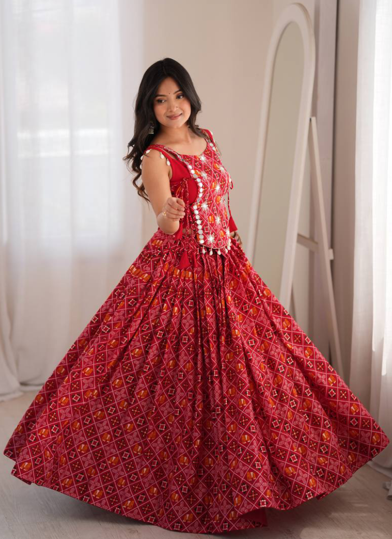 Heavy Rayon Digital Printed Red Mirror Embroidered Navratri Lehenga