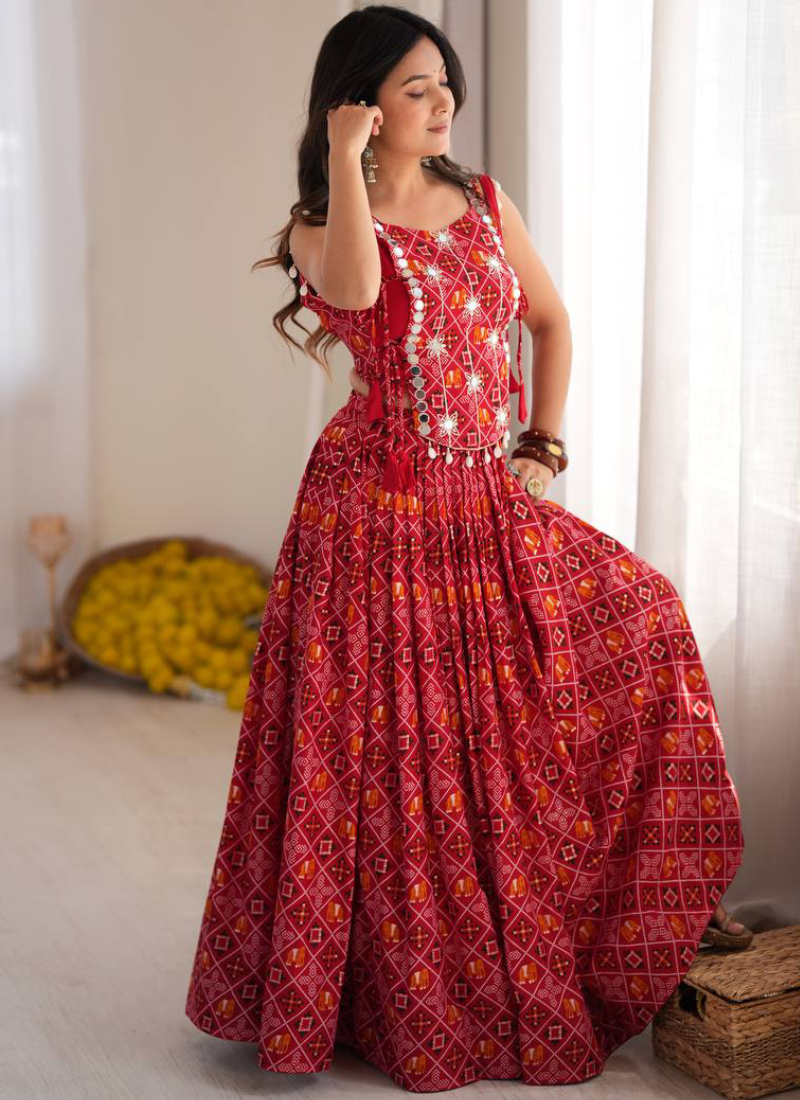 Heavy Rayon Digital Printed Red Mirror Embroidered Navratri Lehenga