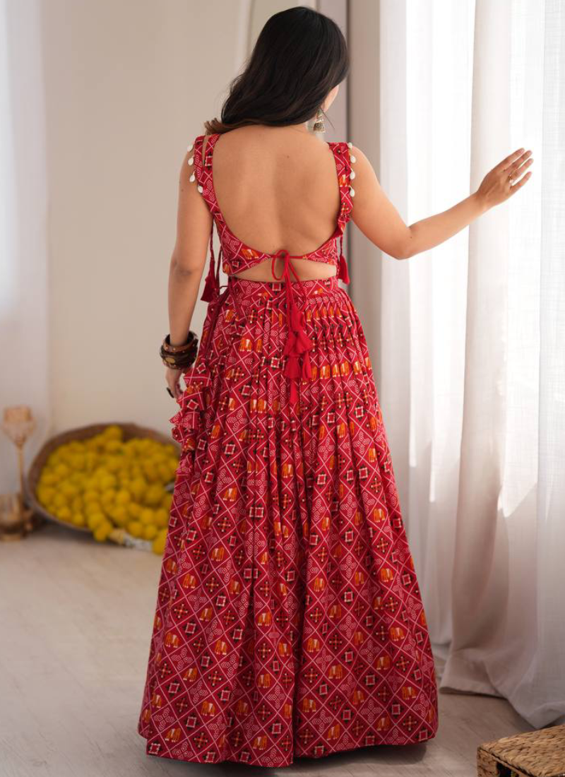 Heavy Rayon Digital Printed Red Mirror Embroidered Navratri Lehenga