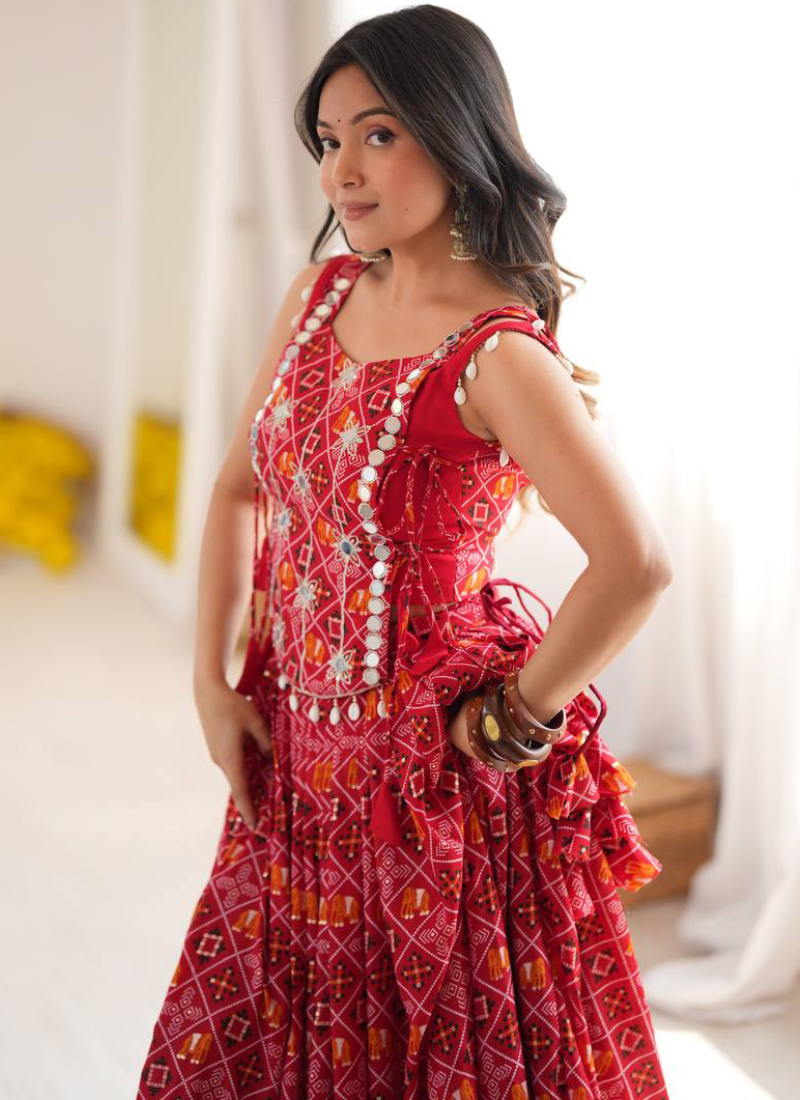 Heavy Rayon Digital Printed Red Mirror Embroidered Navratri Lehenga