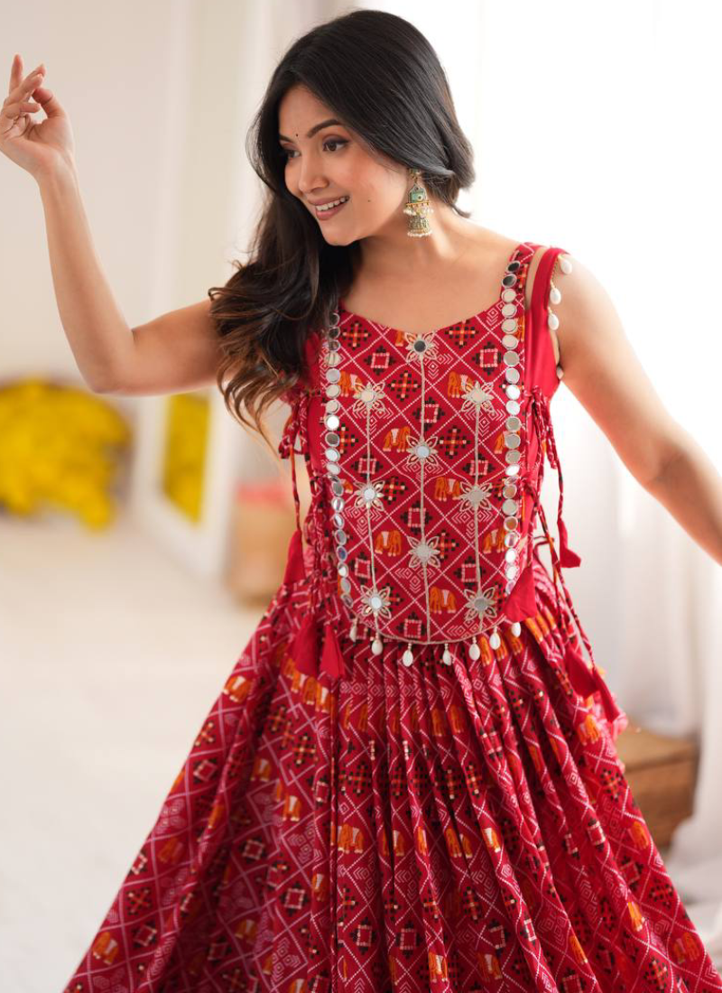 Heavy Rayon Digital Printed Red Mirror Embroidered Navratri Lehenga