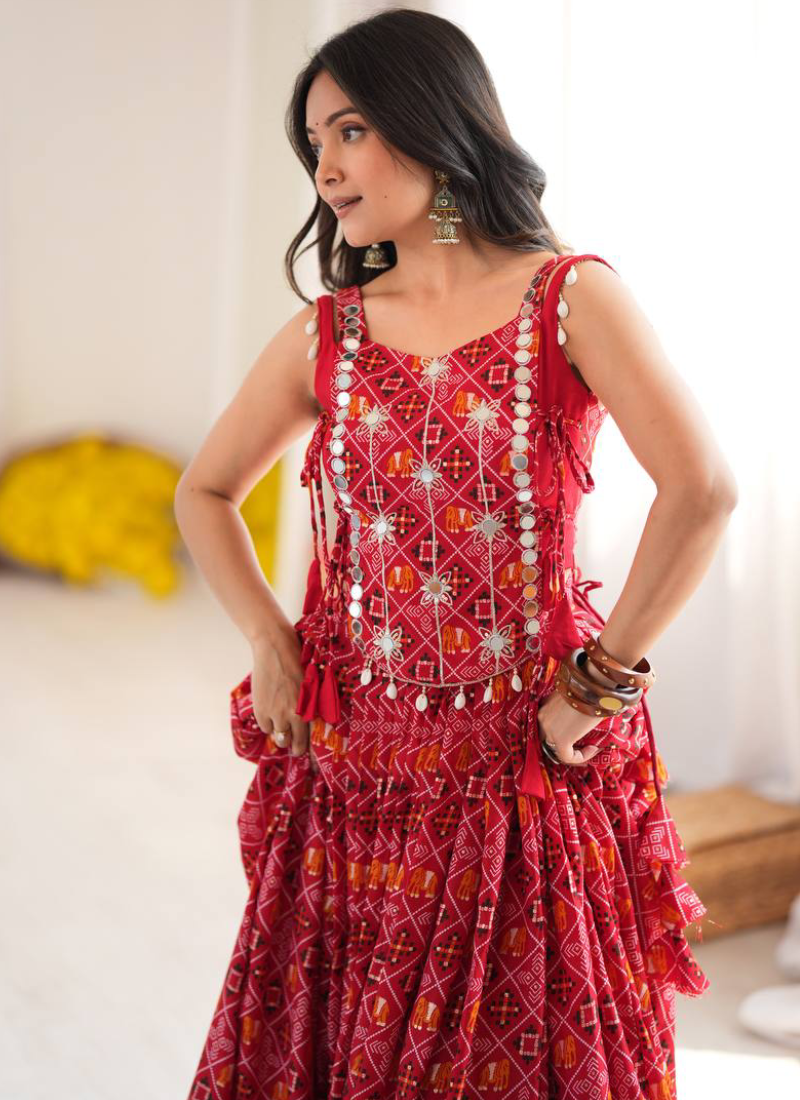 Heavy Rayon Digital Printed Red Mirror Embroidered Navratri Lehenga