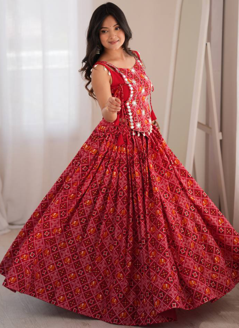 Heavy Rayon Digital Printed Red Mirror Embroidered Navratri Lehenga