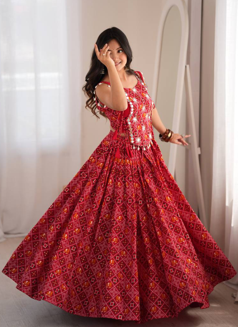 Heavy Rayon Digital Printed Red Mirror Embroidered Navratri Lehenga