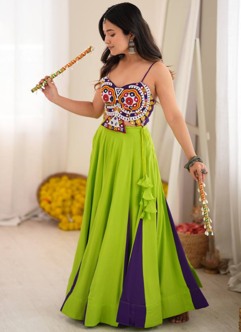 Heavy Rayon Embroidered Gota Patti Work Lime Green Garba Wear Lehenga