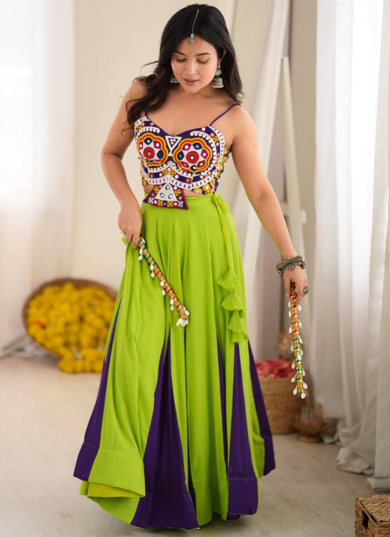 Heavy Rayon Embroidered Gota Patti Work Lime Green Garba Wear Lehenga