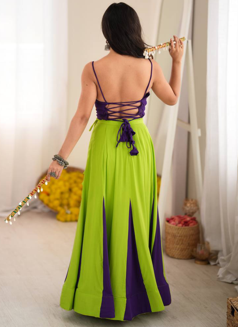 Heavy Rayon Embroidered Gota Patti Work Lime Green Garba Wear Lehenga